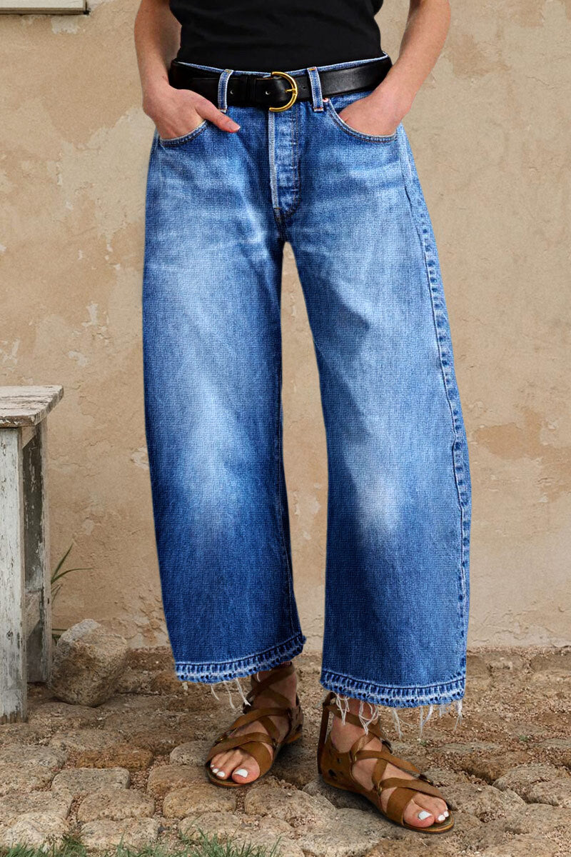 Wash Raw Hem Straight Leg Mid Rise Crop Jeans Without Belt