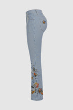 Striped Pattern Embroidered Low Waist Bootcut Jeans