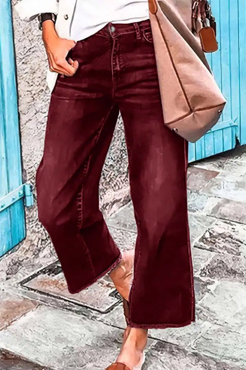 Tall Washed Raw Hem Mid Waist Wide Leg Jeans