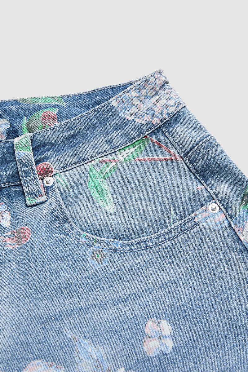 Floral Pattern Wash High Waist Straight Leg Jeans
