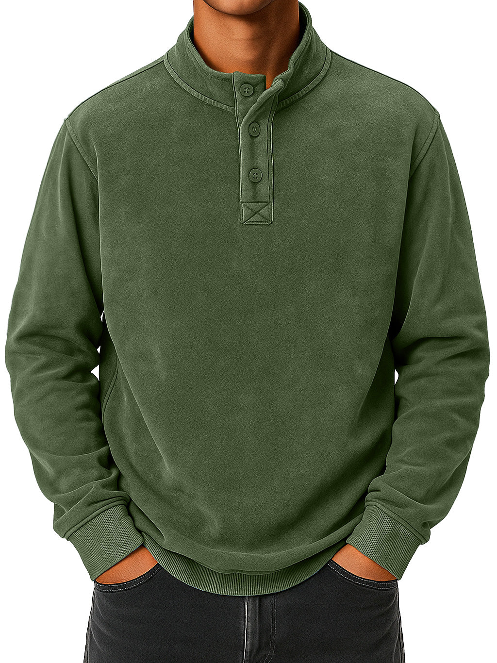 Men's vintage distressed stand collar button-down comfortable sweatshirt
