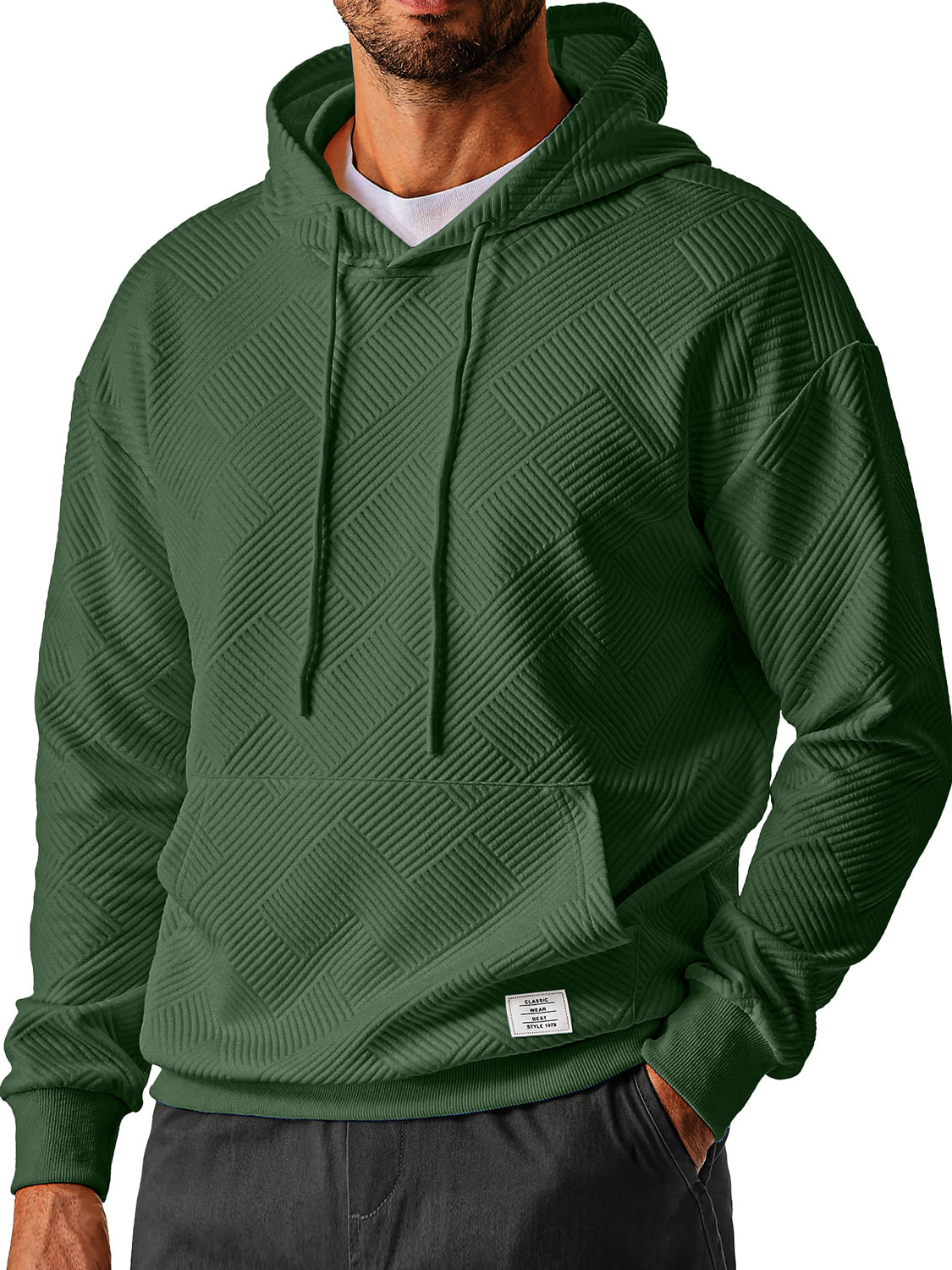 Men's Everyday Simple Textured Embroidered Logo Hooded Long-sleeved Sweatshirt