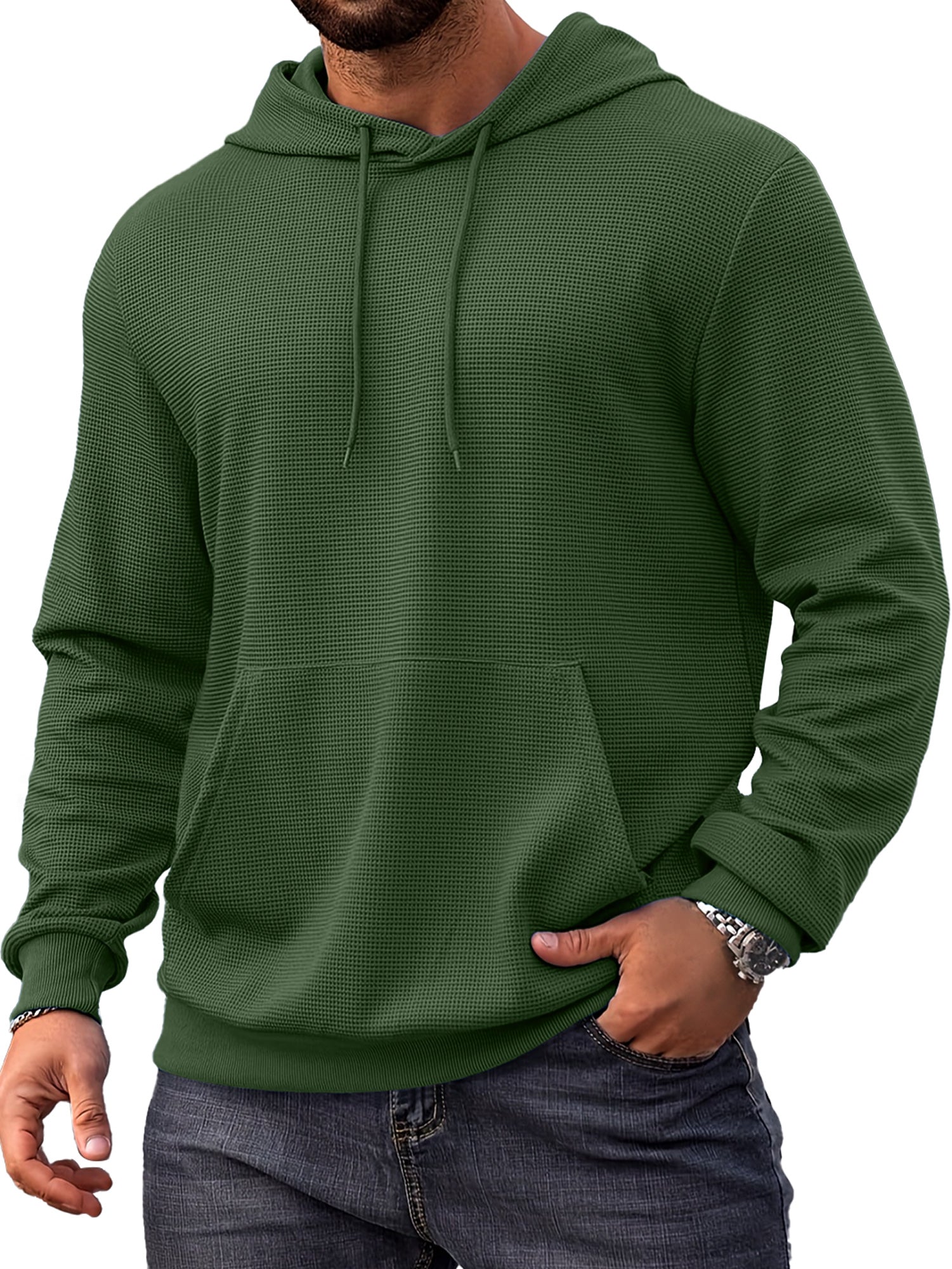 Men's Everyday Simple Waffle Comfortable Long-sleeved Hooded Sweatshirt
