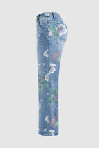 Floral Pattern Wash High Waist Straight Leg Jeans