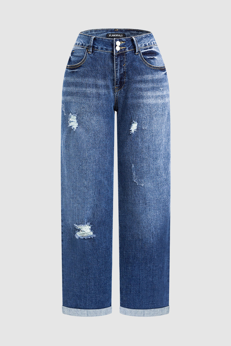 Roll Hem Ripped Double Button Mid Rise Straight Leg Jeans