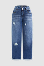 Roll Hem Ripped Double Button Mid Rise Straight Leg Jeans
