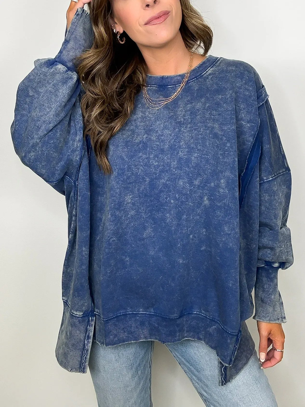Women's Acid Wash Split Cuff Oversized Crew Pullover