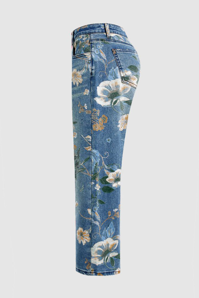 Allover Floral Pattern Straight Leg High Rise Crop Jeans