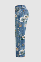 Allover Floral Pattern Straight Leg High Rise Crop Jeans