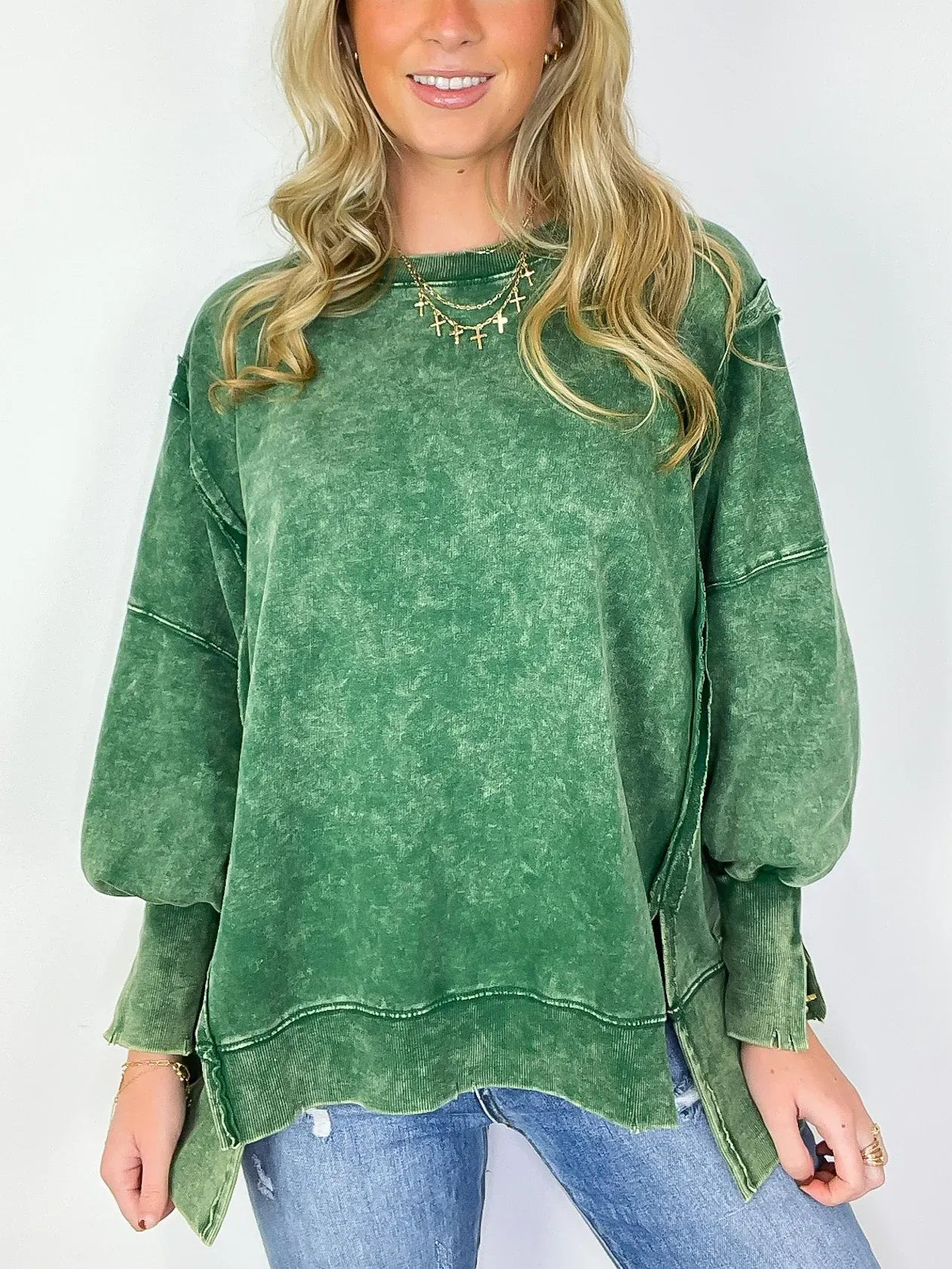 Women's Acid Wash Split Cuff Oversized Crew Pullover