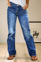 Wash Ripped Detail Mid Rise Straight Leg Jeans