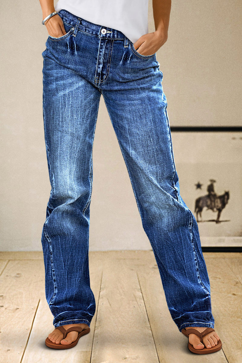 Wash Ripped Detail Mid Rise Straight Leg Jeans