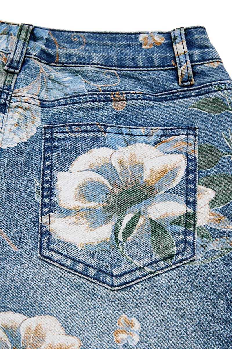 Allover Floral Pattern Straight Leg High Rise Crop Jeans