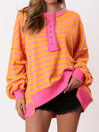 Women's Oversized Striped Button Up Henley Neck Waffle Knit Pullover