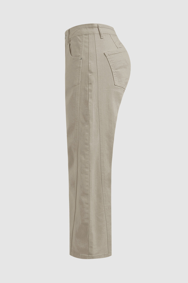 Solid Stitch Detail Mid Waist Crop Straight Leg Jeans Without Belt