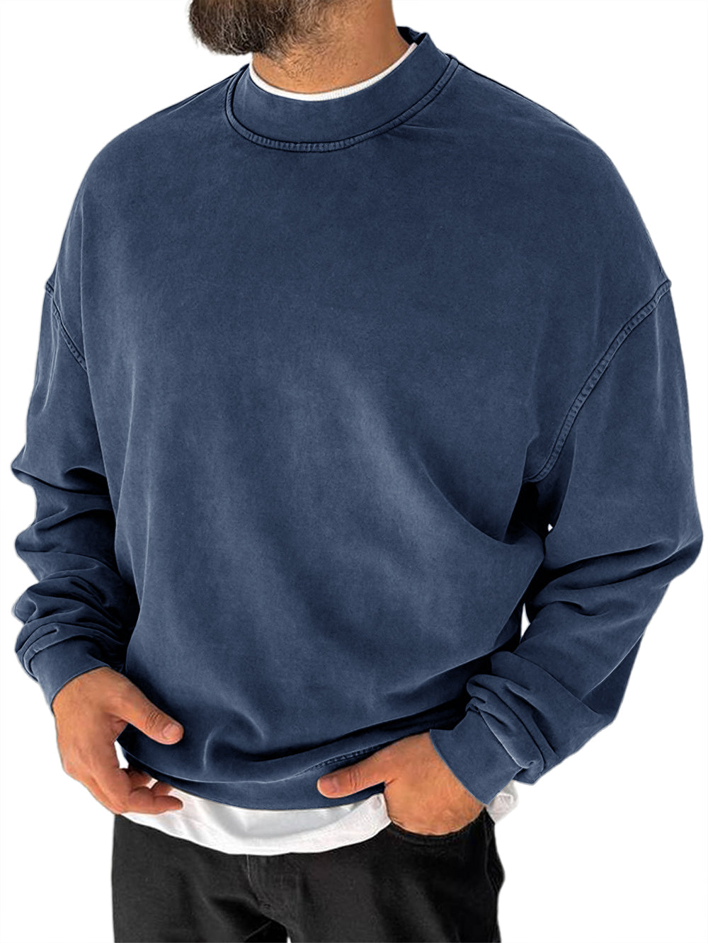 Men's 100% Cotton Washed Distressed Crew Neck Vintage Casual Long-sleeved Sweatshirt