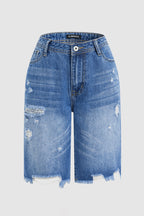 Raw Hem Ripped Mid Waist Denim Bermuda Shorts