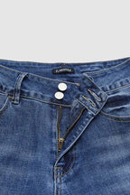 Roll Hem Ripped Double Button Mid Rise Straight Leg Jeans