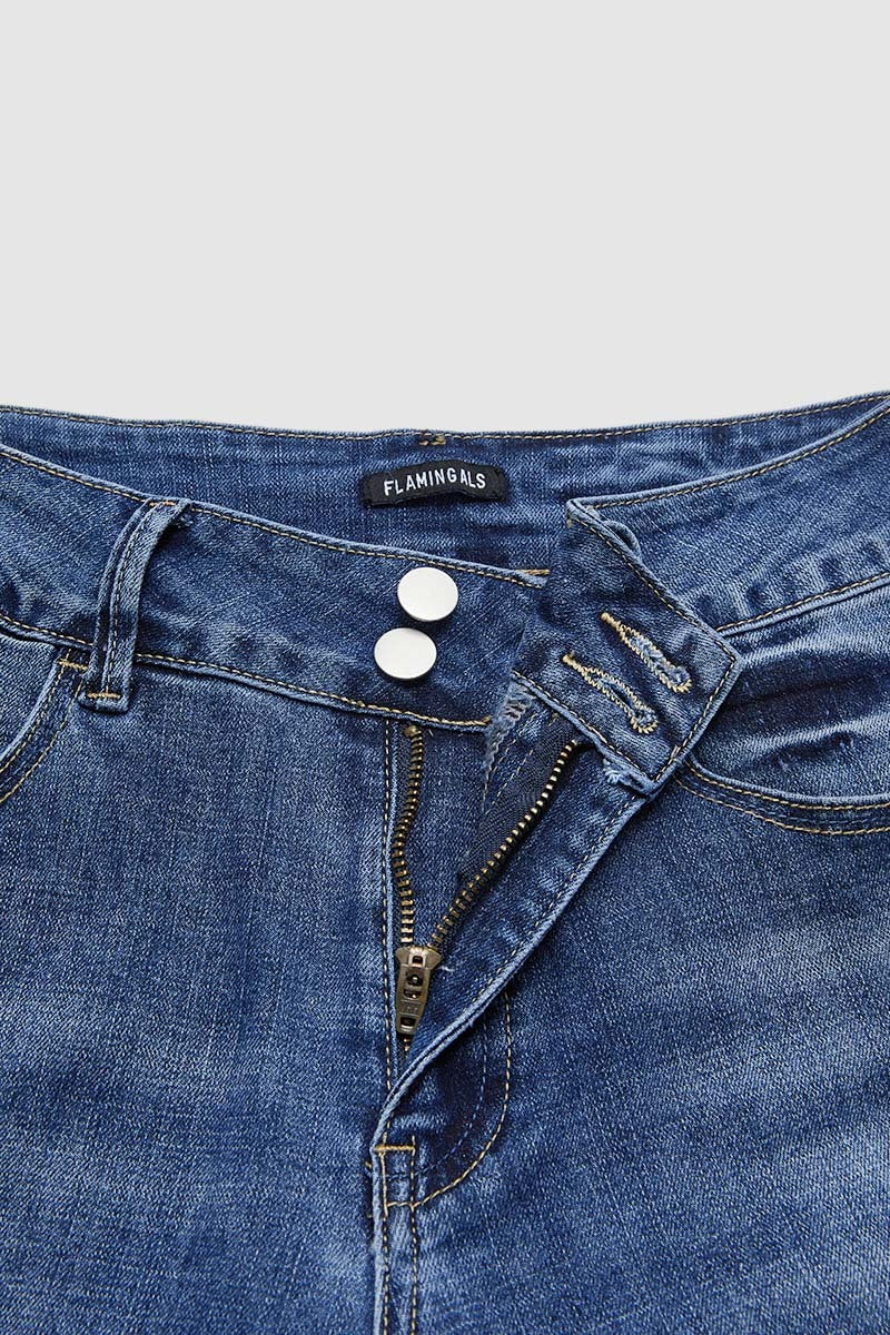 Roll Hem Ripped Double Button Mid Rise Straight Leg Jeans