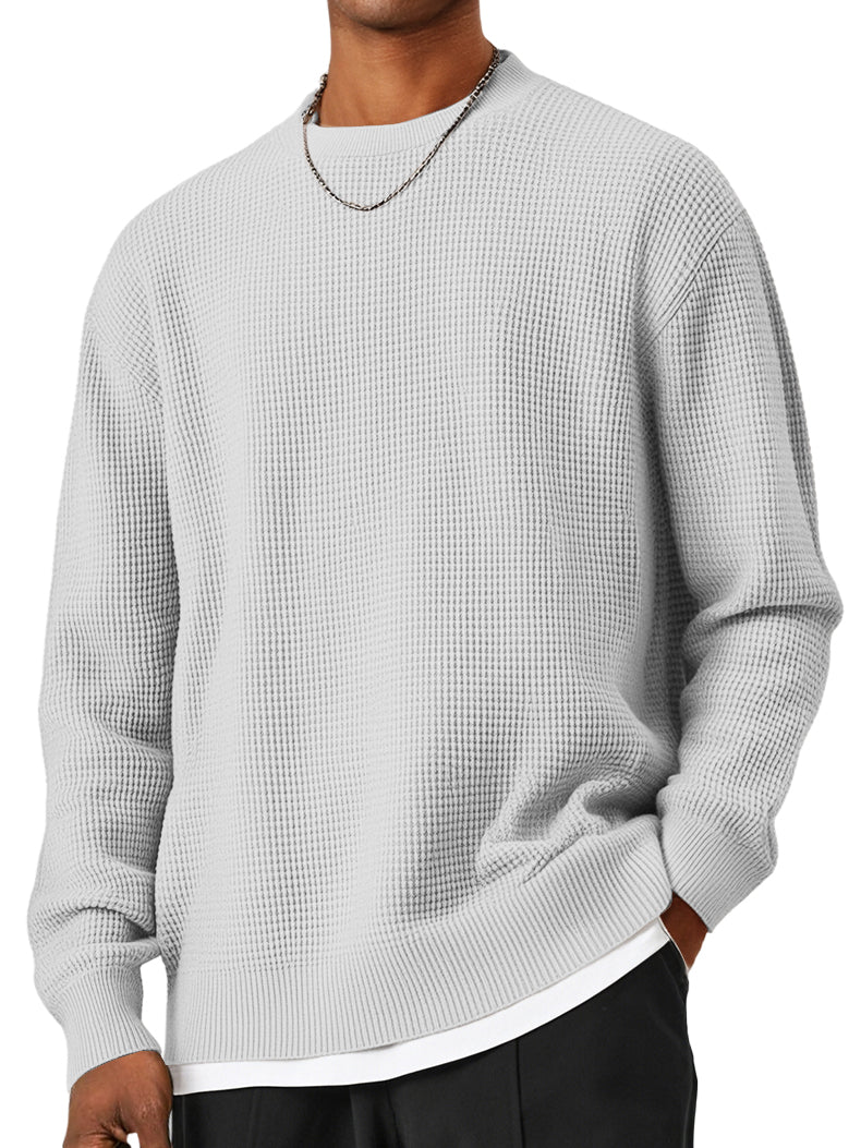 Men's Round Neck Waffle Patterned Loose Fitting Knit Sweater