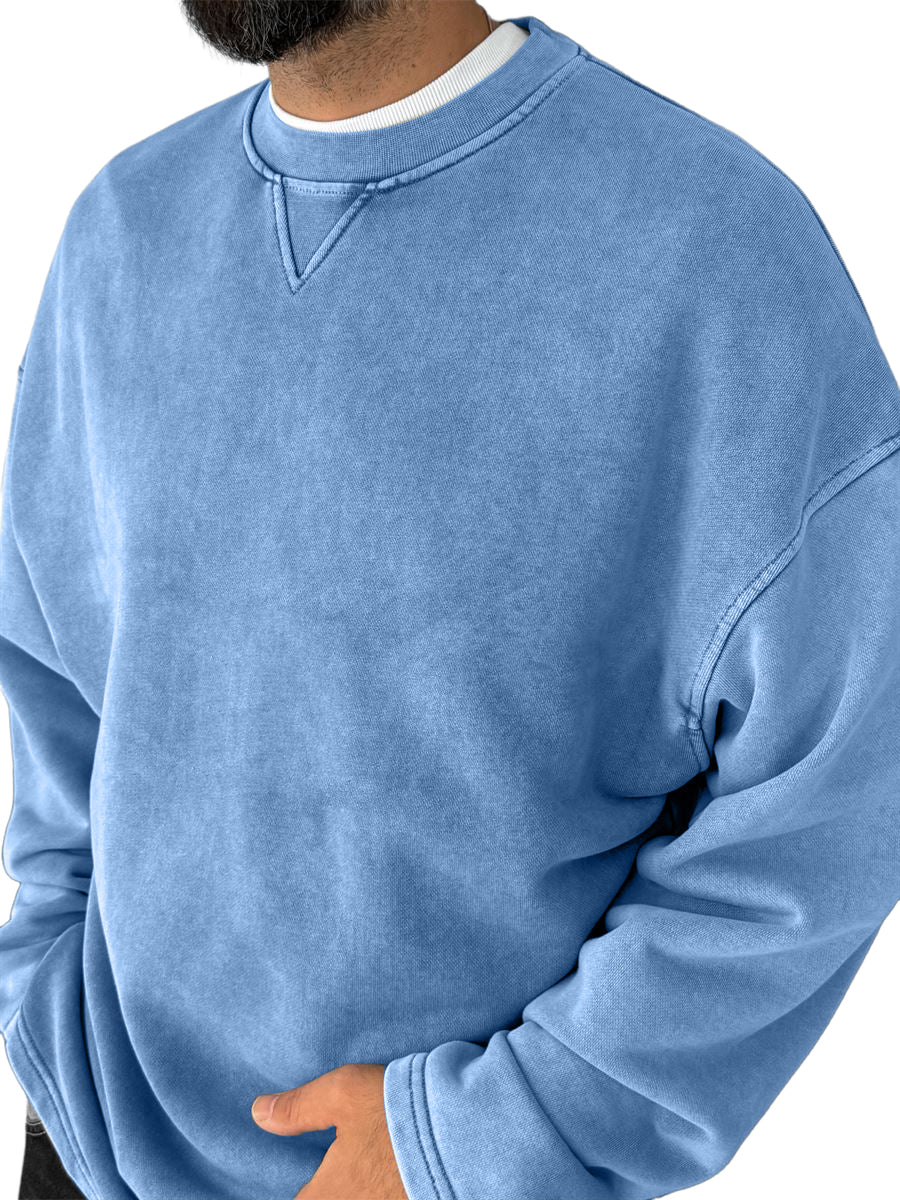 Men's Washed, Distressed, Vintage Casual Cotton Crew-neck Long-sleeved Sweatshirt