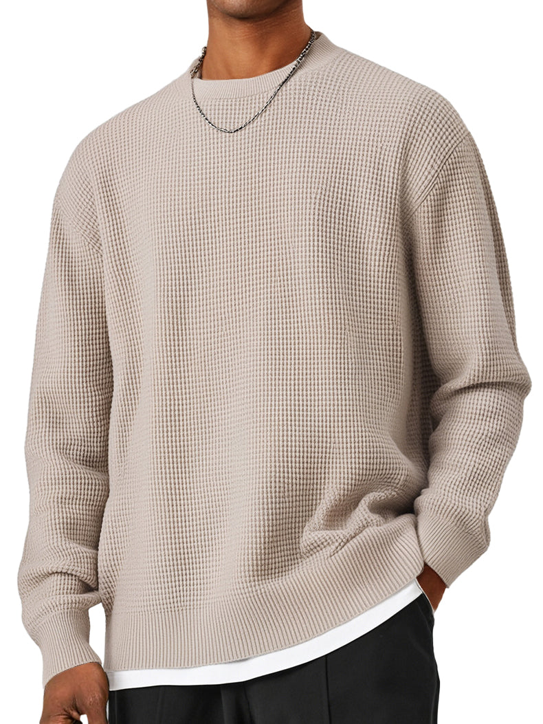 Men's Round Neck Waffle Patterned Loose Fitting Knit Sweater
