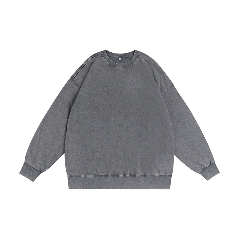 Men's 100% Cotton Washed Distressed Crew Neck Vintage Casual Long-sleeved Sweatshirt