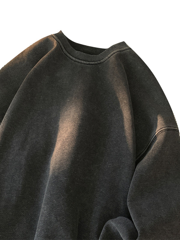 Men's Washed Distressed Cotton Basic Round Neck Long-sleeved Sweatshirt