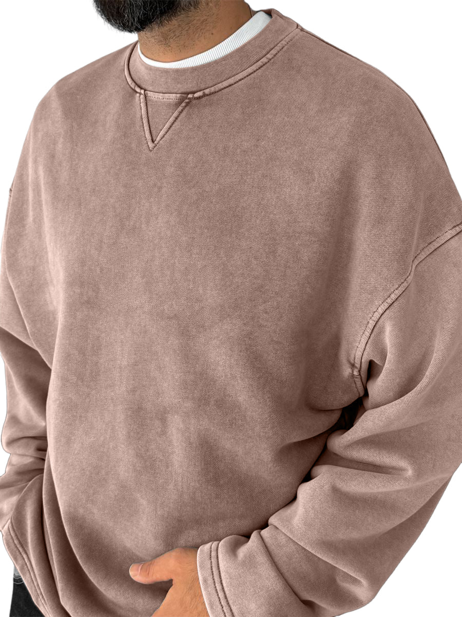 Men's Washed, Distressed, Vintage Casual Cotton Crew-neck Long-sleeved Sweatshirt