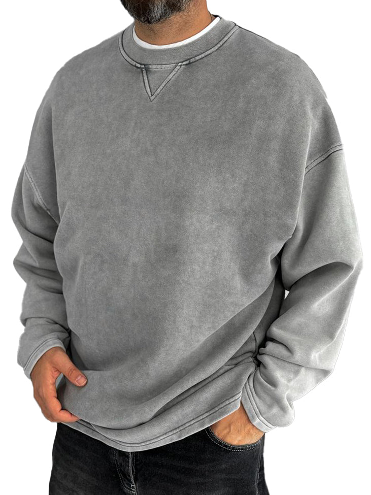 Men's Washed, Distressed, Vintage Casual Cotton Crew-neck Long-sleeved Sweatshirt