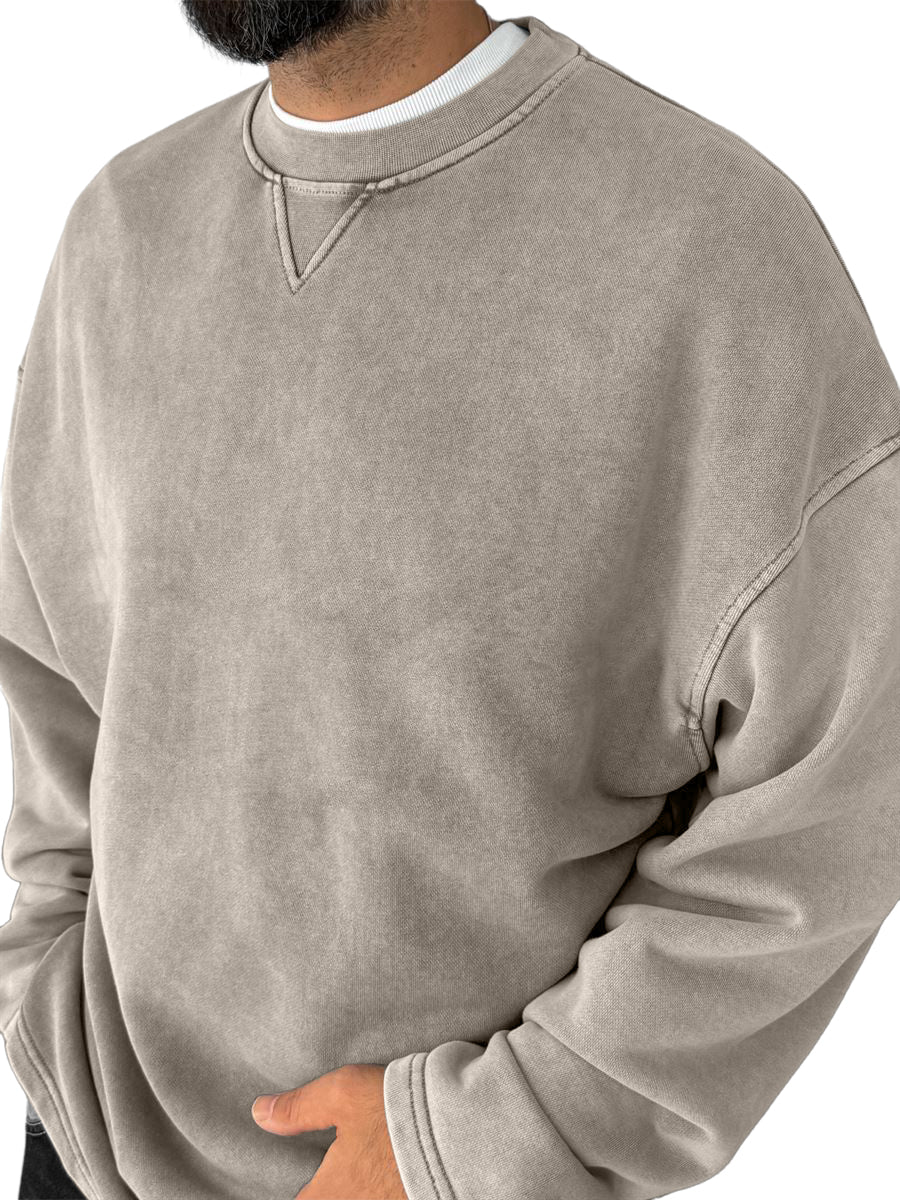 Men's Washed, Distressed, Vintage Casual Cotton Crew-neck Long-sleeved Sweatshirt