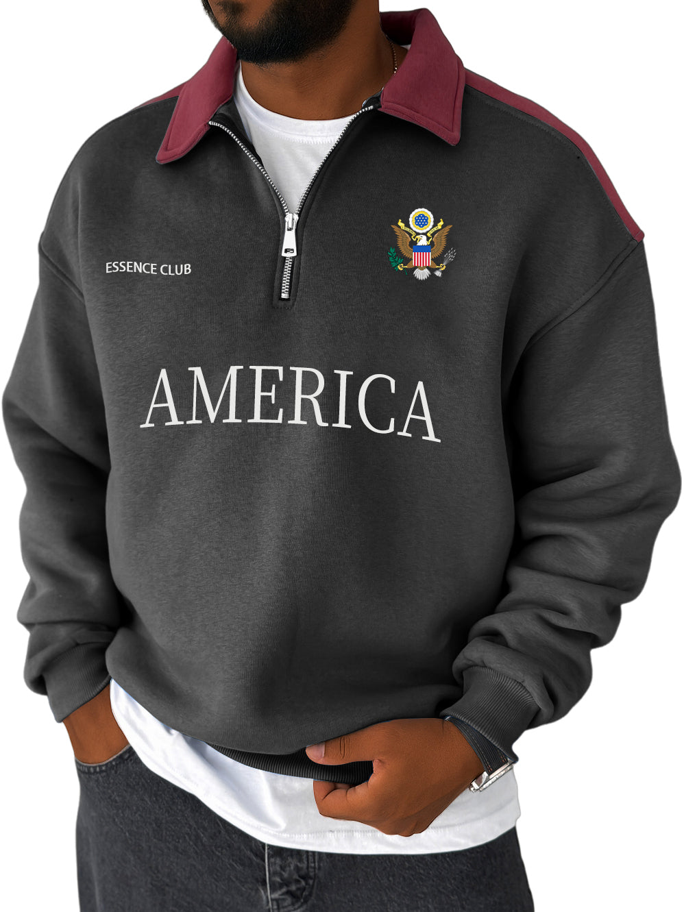 Men's Stylish Vintage American Print Contrast Zipper Sweatshirt
