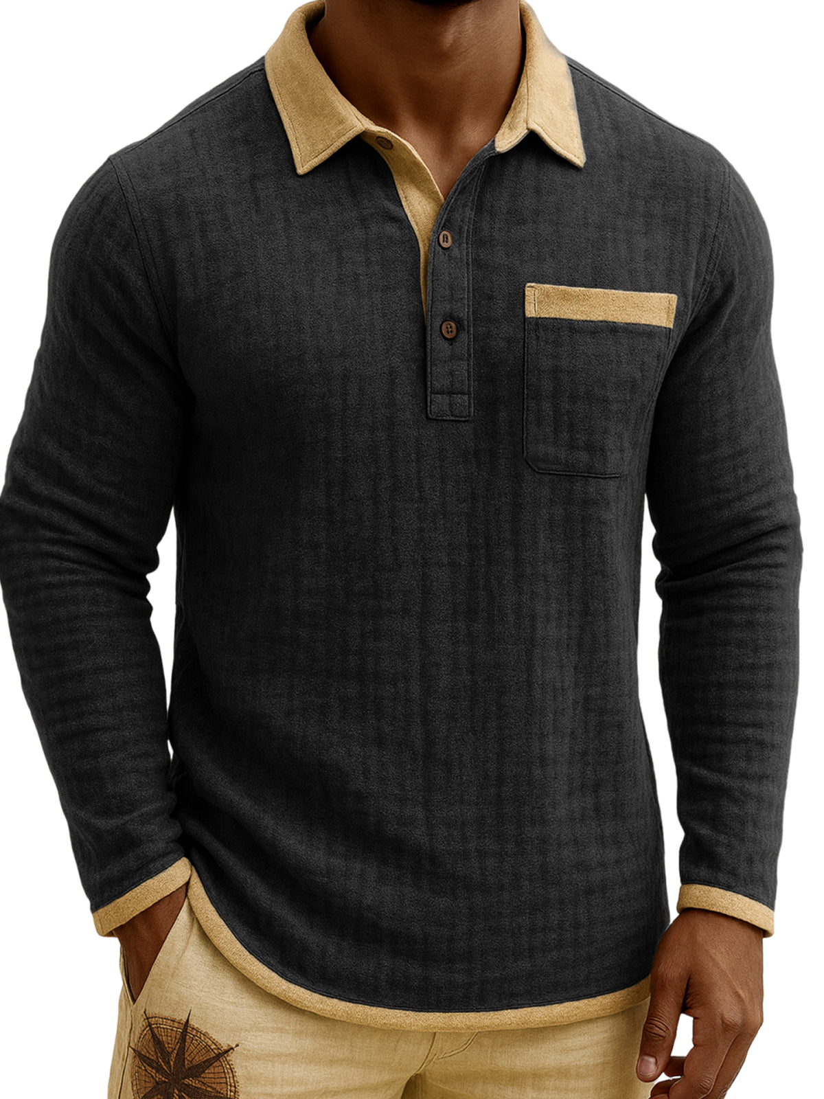 Men's Vintage Breathable Linen Contrast Color Polo Shirt