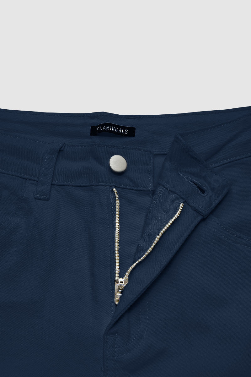 Solid Stitch Detail Mid Waist Crop Straight Leg Jeans Without Belt