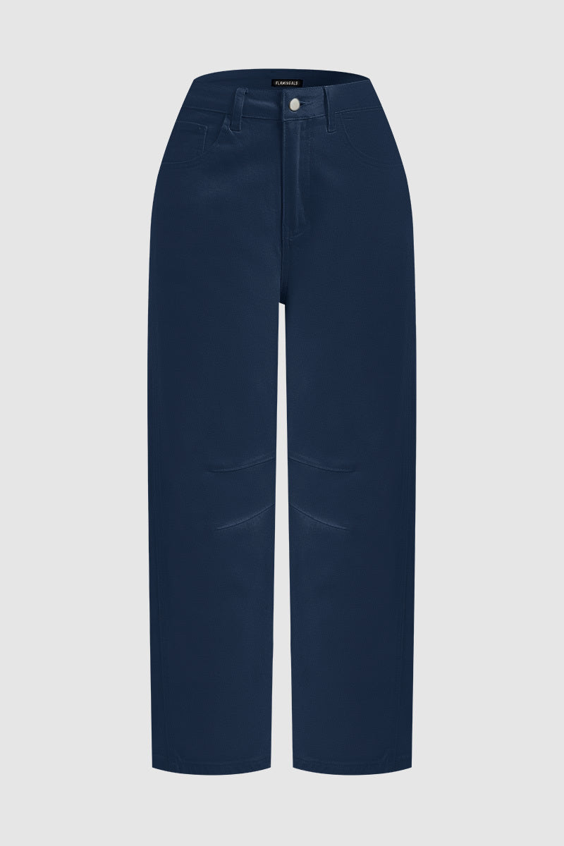 Solid Stitch Detail Mid Waist Crop Straight Leg Jeans Without Belt