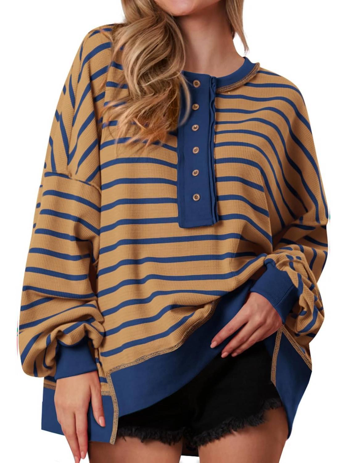 Women's Oversized Striped Button Up Henley Neck Waffle Knit Pullover