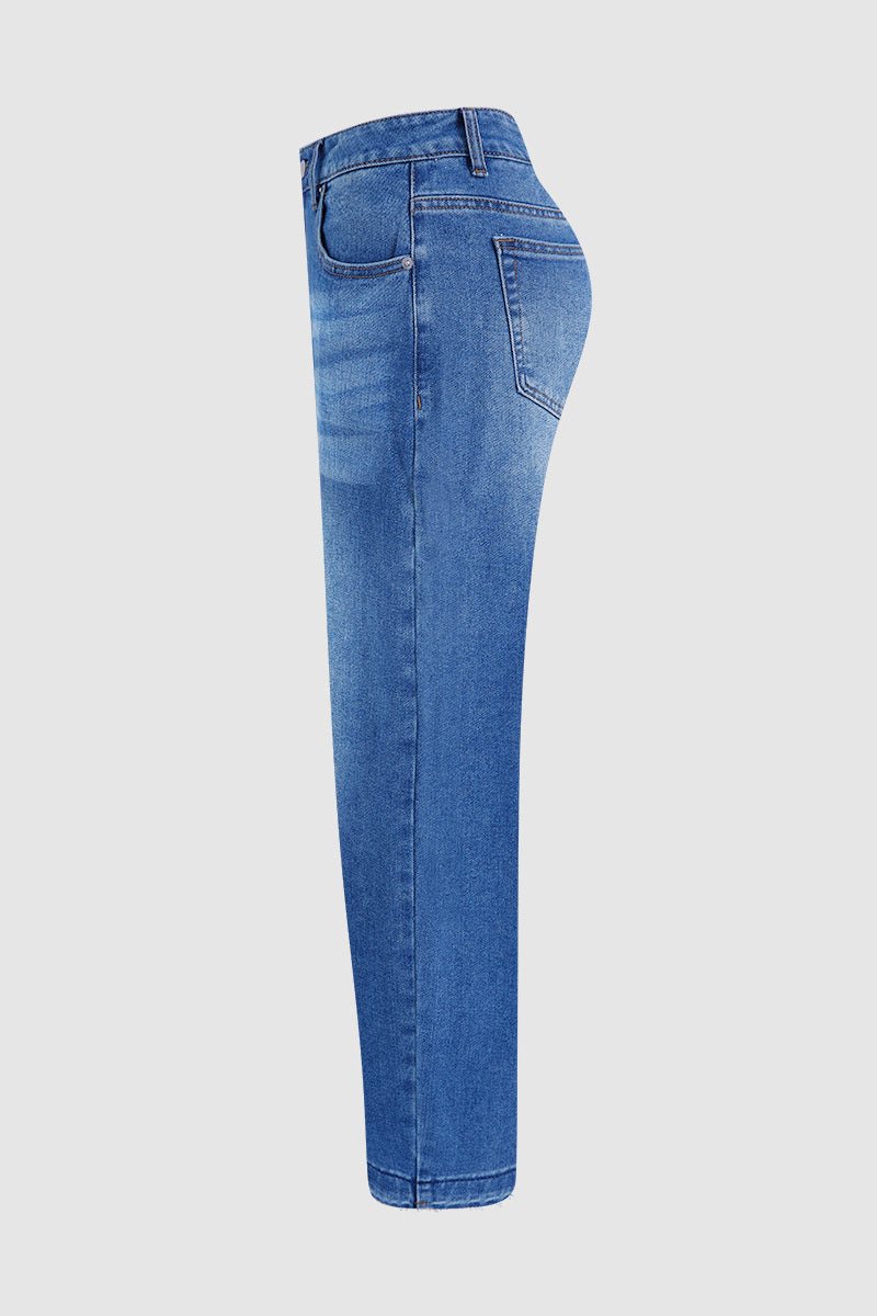 Wash Raw Hem Straight Leg Mid Rise Crop Jeans Without Belt