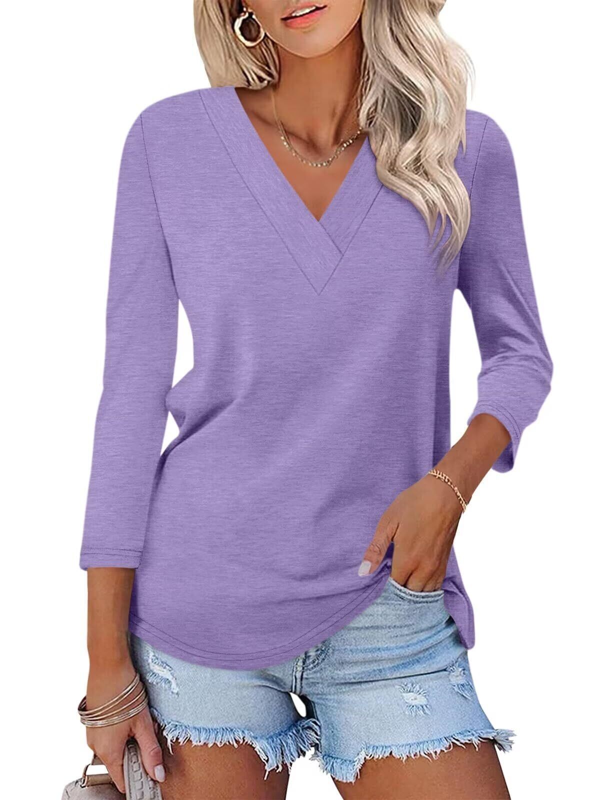 Women's 3/4 Length Sleeves V Neck Basic Tops