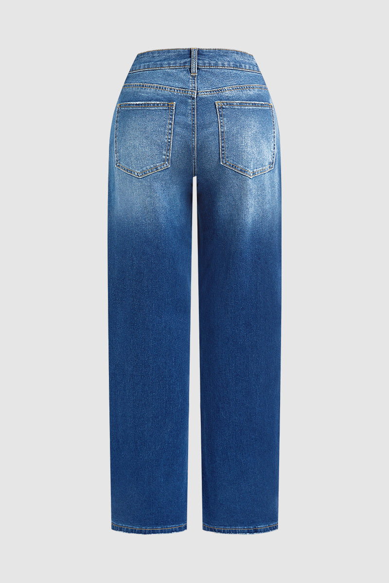 Wash Patch Pocket Raw Hem Mid Rise Straight Leg Jeans Without Belt