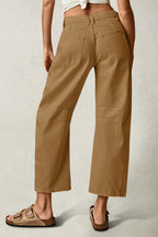 Solid Stitch Detail Mid Waist Crop Straight Leg Jeans Without Belt