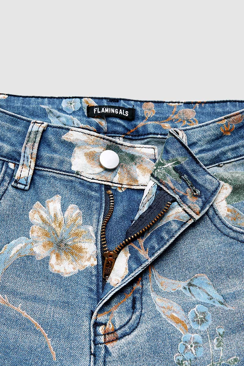 Allover Floral Pattern Straight Leg High Rise Crop Jeans