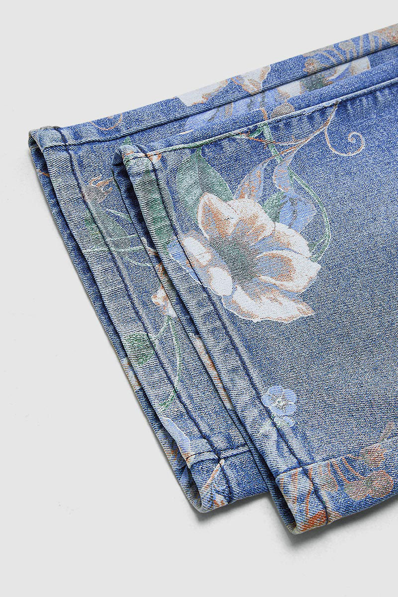 Allover Floral Pattern Straight Leg High Rise Crop Jeans