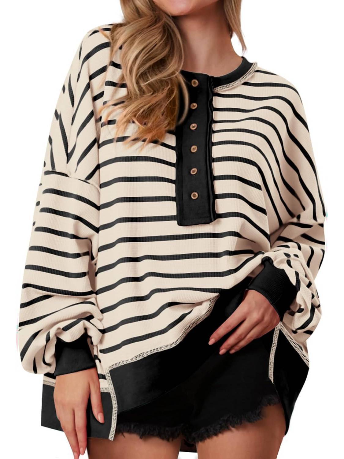 Women's Oversized Striped Button Up Henley Neck Waffle Knit Pullover