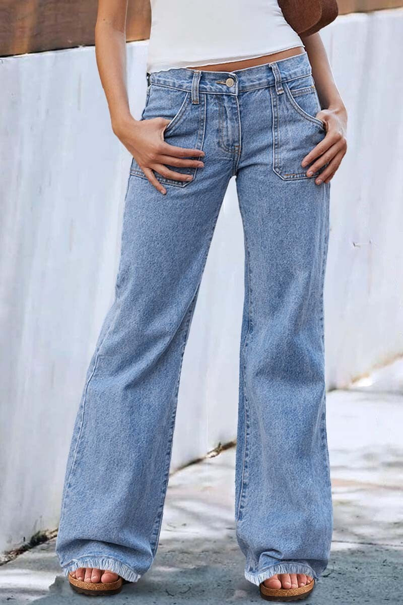 Wash Raw Hem Flap Pocket Wide Leg Low Rise Jeans