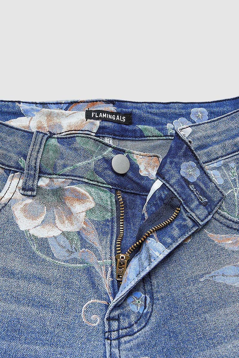 Allover Floral Pattern Straight Leg High Rise Crop Jeans