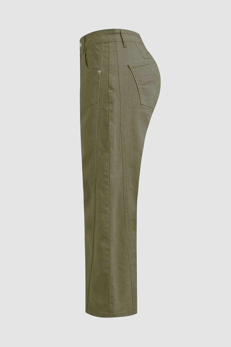 Solid Stitch Detail Mid Waist Crop Straight Leg Jeans Without Belt