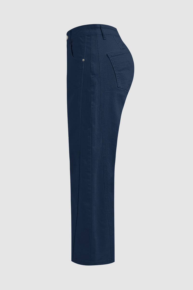 Solid Stitch Detail Mid Waist Crop Straight Leg Jeans Without Belt