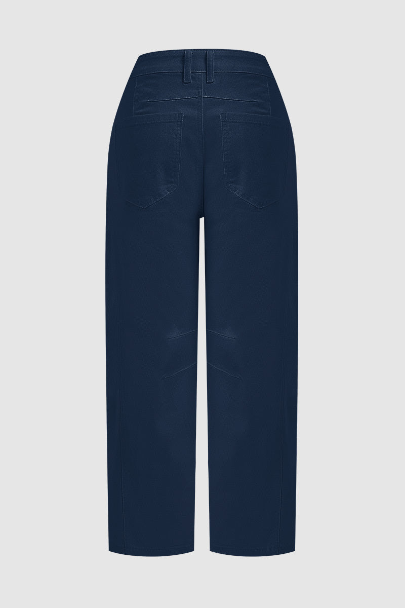 Solid Stitch Detail Mid Waist Crop Straight Leg Jeans Without Belt