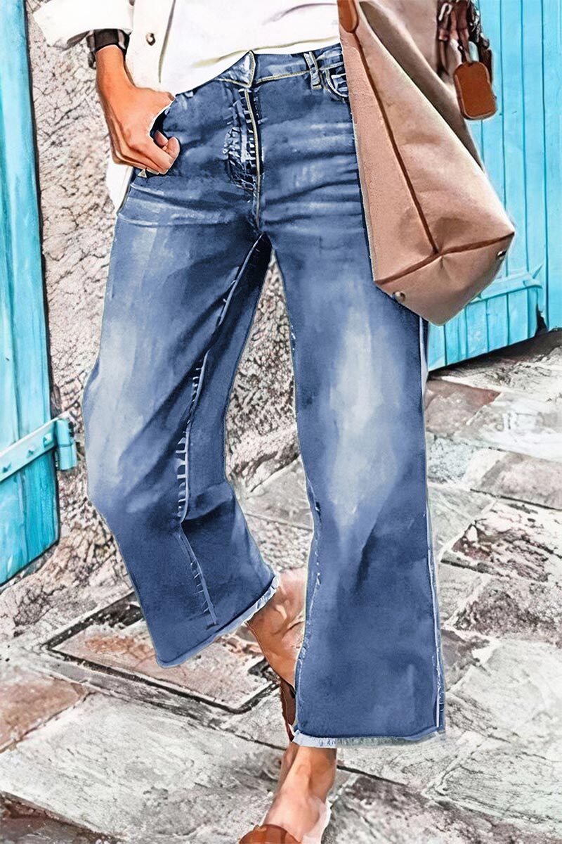 Tall Washed Raw Hem Mid Waist Wide Leg Jeans