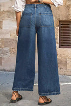 Wash Stitch Detail Raw Hem Crop Wide Leg Mid Rise Jeans